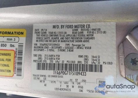 2015 Ford Fusion S from USA, damaged, VIN 1FA6P0G71F5109433